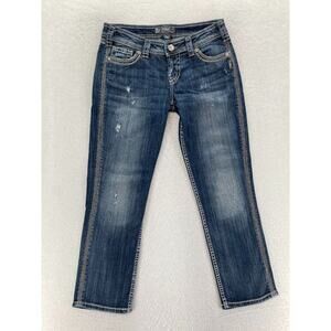Silver Jeans Twisted Capri Women's 27 Dark Wash Blue Distressed Denim Jeans Pant